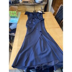 Escape Women’s Off Shoulder Ruffle Gown Dress Size 14 Navy Formal Evening MSRP $